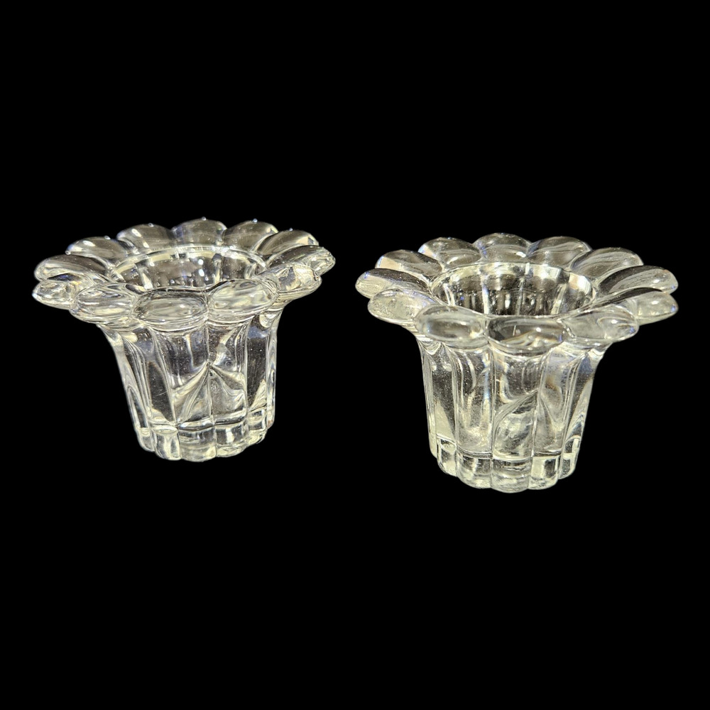 Pair EB Italy Clear Glass Flower Candle Holders Scalloped Vintage